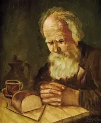 R. Seblor C., Starec s chlebom, okolo 1925, olej na plátne