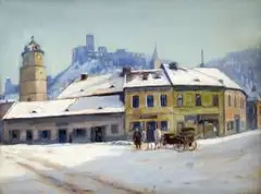 Jozef Holoubek, Pohľad na Trenčiansky hrad z námestia, okolo 1940, olej na kartóne