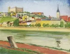 Gustáv Lerchner, Bratislava z petržalského nábrežia, 1930, akvarel na papieri