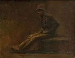 Ladislav Mednyánszky, Sediaci tulák, okolo 1895, olej na plátne, dublované