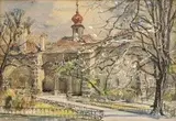 Maximilán Schurmann, Bratislavský Notre Dame, 1934, kresba perom, tušom, akvarelom, štetcom, gvašom na papieri