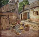 Július Flache, Na dedinskom dvore, okolo 1914 - 20, olej na plátne