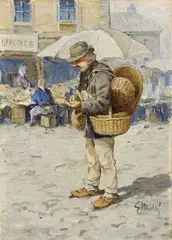 Košikár by Gustáv Mallý, okolo 1910-19, olej na lepenke, sold Mar 2006