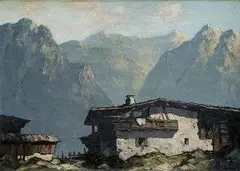 Karl Hosch, Alpská chata pod horami, okolo 1920, olej na plátne