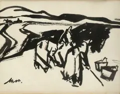 Mária Medvecká, Kopáčky, okolo 1975, kresba štetcom, tušom na papieri