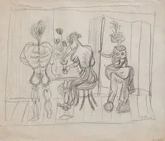 Jacob Bornfriend, Tri figúry v interiéri, 1939, kresba ceruzou na papieri