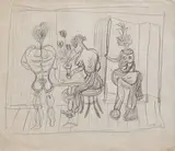 Jacob Bornfriend, Tri figúry v interiéri, 1939, kresba ceruzou na papieri