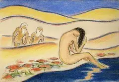 Zoltán Palugyay, Po kúpaní (Zuzana a starci), okolo 1927, kresba farebnými ceruzami, pastelom na papieri
