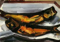 Dve makrely by František Studený, 1959, olej na kartóne, sold Oct 2005
