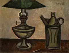 Andrej Barčík, Zátišie s petrolejkou a kanvicou, okolo 1955-57, olej na plátne, dublované na lepenke
