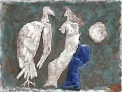 Milan Paštéka, Žena s veľkým vtákom, 1977, keramický reliéf, pálená, glazovaná polychrómová hlina