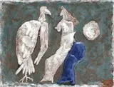Žena s veľkým vtákom by Milan Paštéka, 1977, keramický reliéf, pálená, glazovaná polychrómová hlina, sold Oct 2005