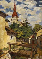 Géza Angyal, Pohľad na Kremnický kostol, 1940, olej na kartóne