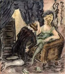 Július Flache, Galantný pár, 1933, kresba perom, tušom, akvarelom na papieri