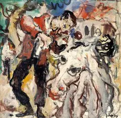 Július Jakoby, Muž s koňom, 1962, olej na kartóne