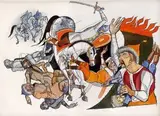 Ilustrácia ku knihe „Poučné príbehy“ by Vincent Hložník, 1965, kresba perom, tušom, kolorovaná akvarelom na papieri, sold Jun 2005