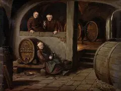 Haheer, Mnísi vo vinárskej pivnici, 1900, olej na plátne
