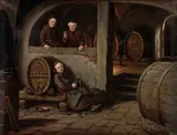 Haheer, Mnísi vo vinárskej pivnici, 1900, olej na plátne