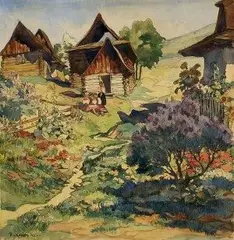 Pavol V. Kováts, Drevenice, 1942, akvarel, ceruza na kartóne