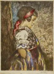 Károly Kotász, Dievčatko, 1930, farebná suchá ihla, lept na papieri