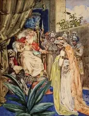 Károly Harmos, Kráľovná zo Sáby pred Šalamúnom, 1910, akvarel na kartóne