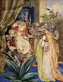 Károly Harmos, Kráľovná zo Sáby pred Šalamúnom, 1910, akvarel na kartóne