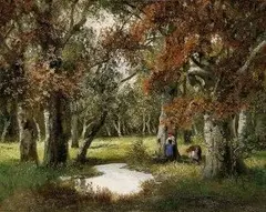 Tölgyes, Jesenný les so zberačkami raždia, 1900, olej na kartóne