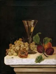 F. R. Monogramista, Zátišie s pohárom a ovocím, 1900, olej na plátne