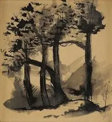 Ernest Špitz, Borovicový háj, 1955, kresba perom, tušom, štetcom na papieri
