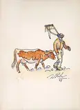 Kosec s kravičkou by Jan Hála, 1948, kresba perom, tušom, kolorovaná akvarelom na papieri, sold Nov 2004