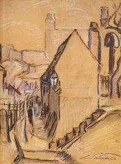 Ľudovít Križan, Bratislavské podhradie, 1950, kresba uhľom, farebnými ceruzami na papieri
