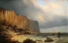 Bernhardt Peters, Rybárska osada pod útesom, 1850, olej na plátne podlepené tvrdeným kartónom