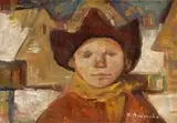 Chlapec v baranici by Mária Medvecká, 1965, olej na plátne, sold Nov 2004