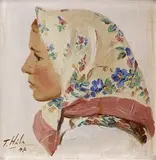 Dievča v šatke (Maryška Jakubčiaková) by Jan Hála, 1947, olej na kartóne, sold Oct 2004