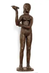Rudolf Uher, (Stojace) dievčatko s vtáčikom, 1947, bronz (tretí odliatok zo sadrového modelu, ktorý je v majetku rodiny umelca)
