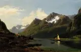 Natroop von J., Alpské jazero s plachetnicou, 1872, olej na plátne