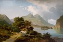 Hein. D Ed., Alpské jazero s ostrovčekom, 1900, olej na plátne