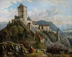 E. Weiss E., Pastierka kôz pod romantickým hradom, 1897, olej na plátne