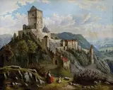 E. Weiss E., Pastierka kôz pod romantickým hradom, 1897, olej na plátne