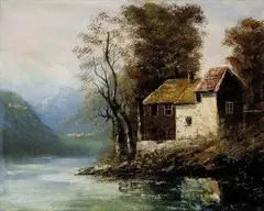G. Damele, Osamelý dom pri rieke II., 1920, olej na plátne