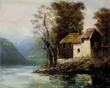 G. Damele, Osamelý dom pri rieke II., 1920, olej na plátne