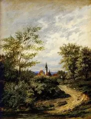 Cremer, Krajina s kostolíkom, 1900, olej na kartóne