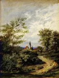 Cremer, Krajina s kostolíkom, 1900, olej na kartóne