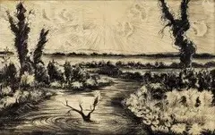 Max Švabinský, Krajina s východom slnka, 1900, uhoľ na kartóne