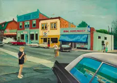 Marianne Podlashuc, Street Scene with Figures and Cars, oil on board