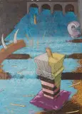 Philippa Hobbs, Interior with Water, Broken Pillar and Cushion, 1981, colour woodcut on paper