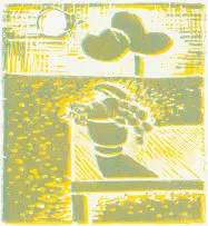 Peter Clarke, Still Life & Moonlight, linocut on paper