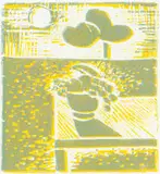 Peter Clarke, Still Life & Moonlight, linocut on paper