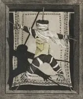 Pippa Skotnes, Untitled (Figure Suspended in Box), hand-coloured etching on paper