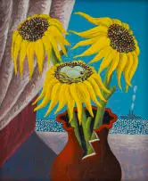 Nicolaas Maritz, Sunflowers in Vase with Eggs, enamel on board